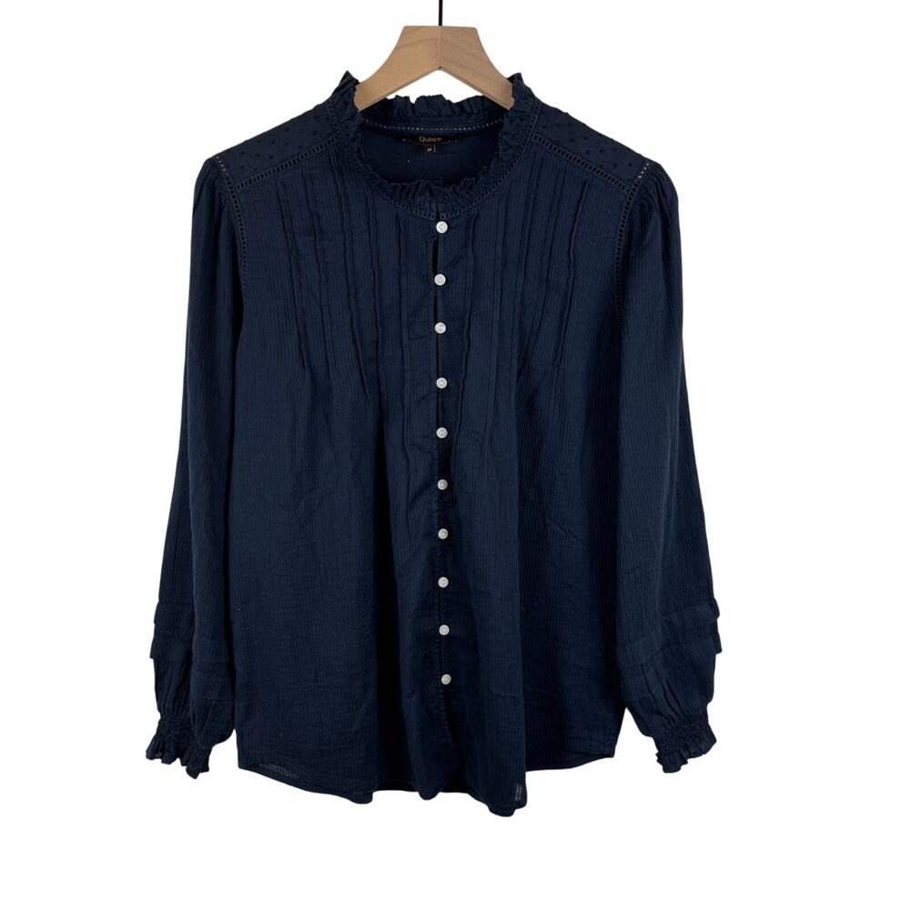 Quince Womens Medium Textured Cotton Peasant Blouse‎ Top Shirt Navy Blue